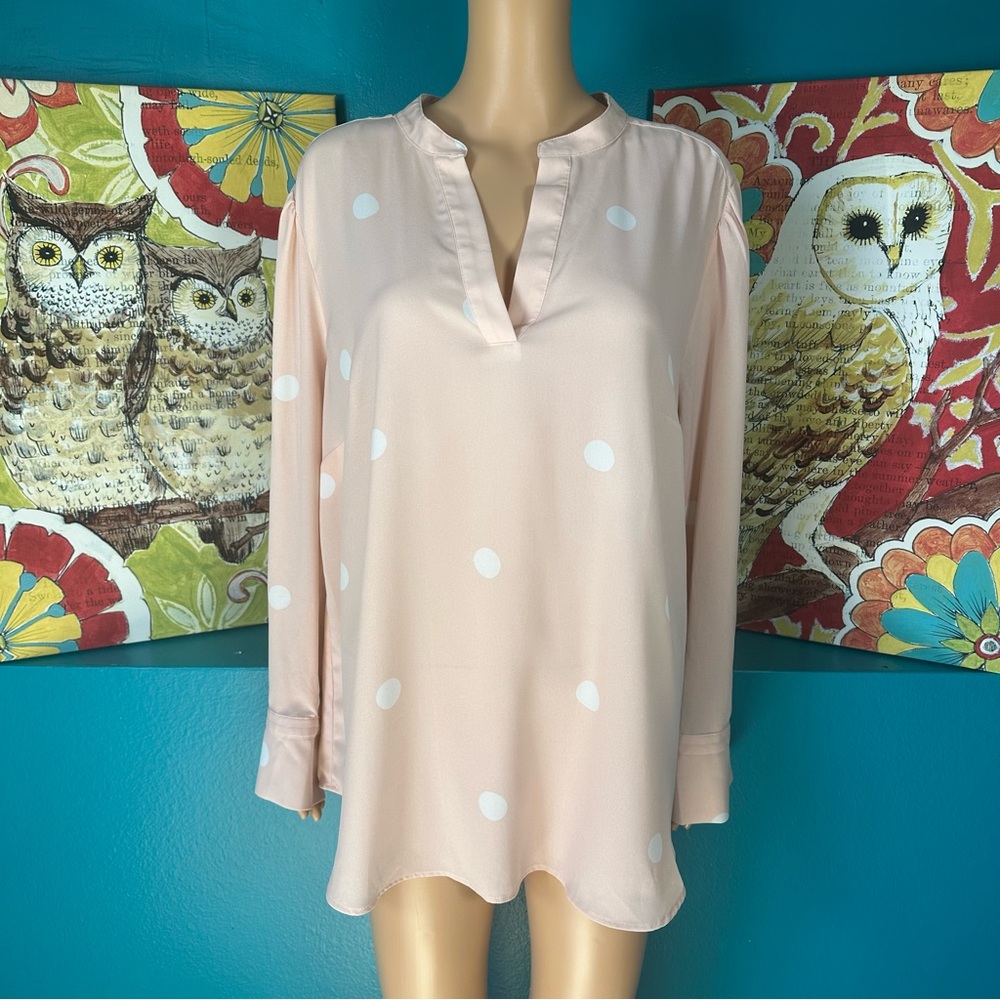 LOFT Plus Blouse Size 18 Pink‎ Polka Dot Long Sleeve V-Neck Lightweight Top